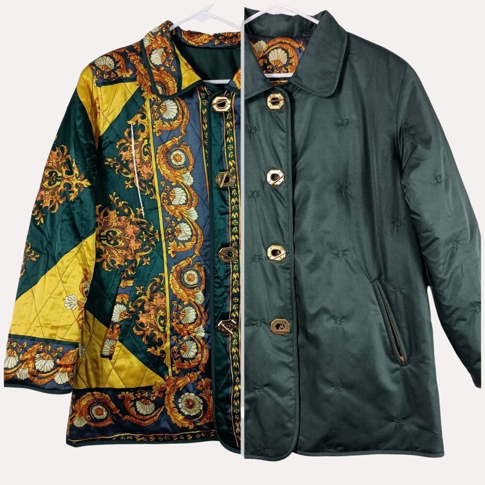 Vintage Reversible Jacket Womens XL Italian Scarf Print Quilted 80s Art to Wear